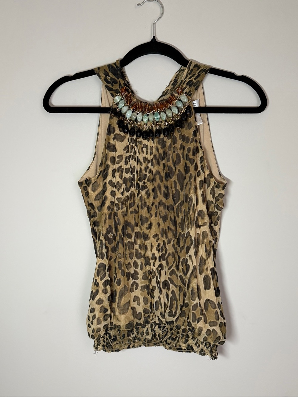 Vintage Y2K Caché Style Beaded Leopard Print Halter Blouse Top